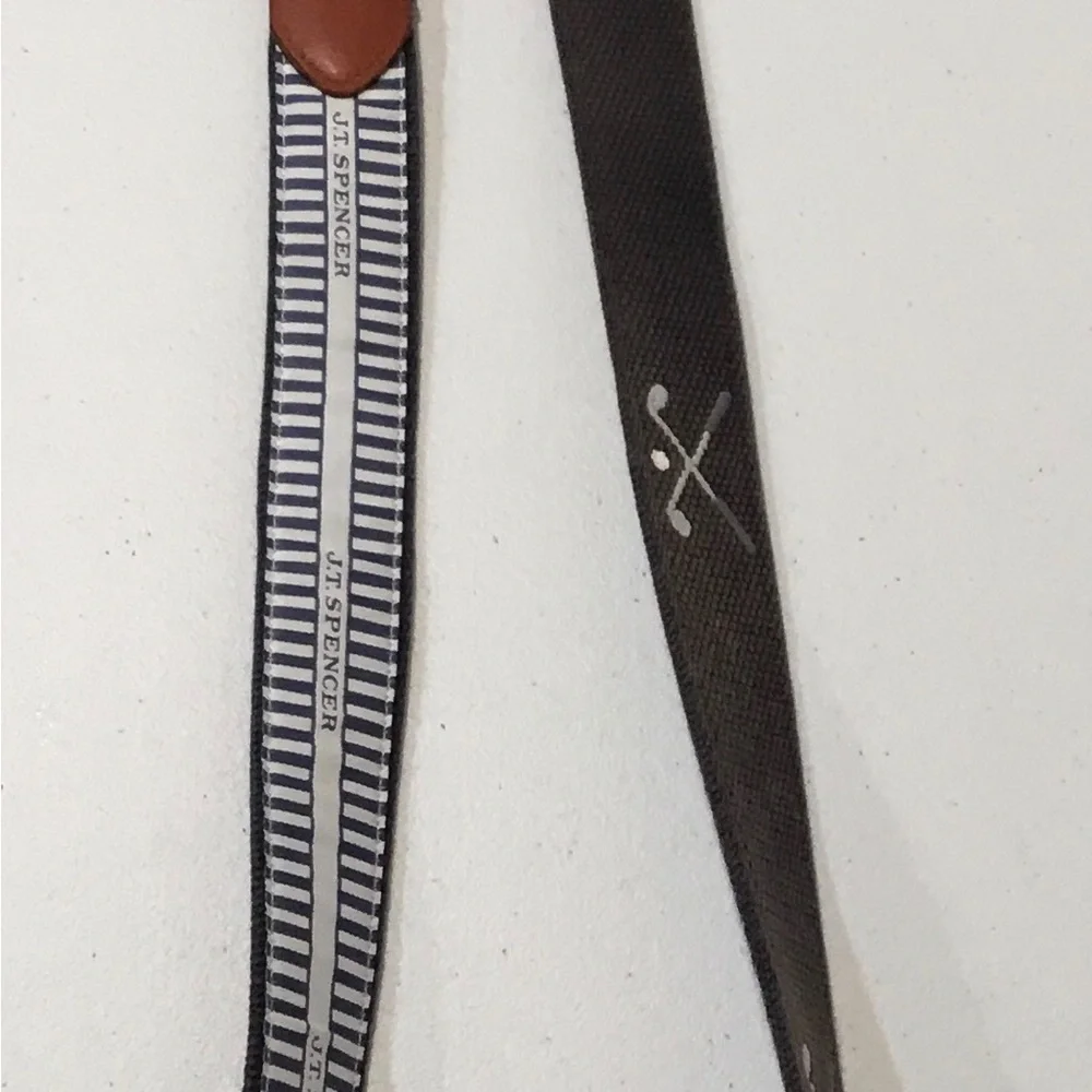 Men's Grey Woven Belt  with Golf Clubs and has Brown Leather Trim
